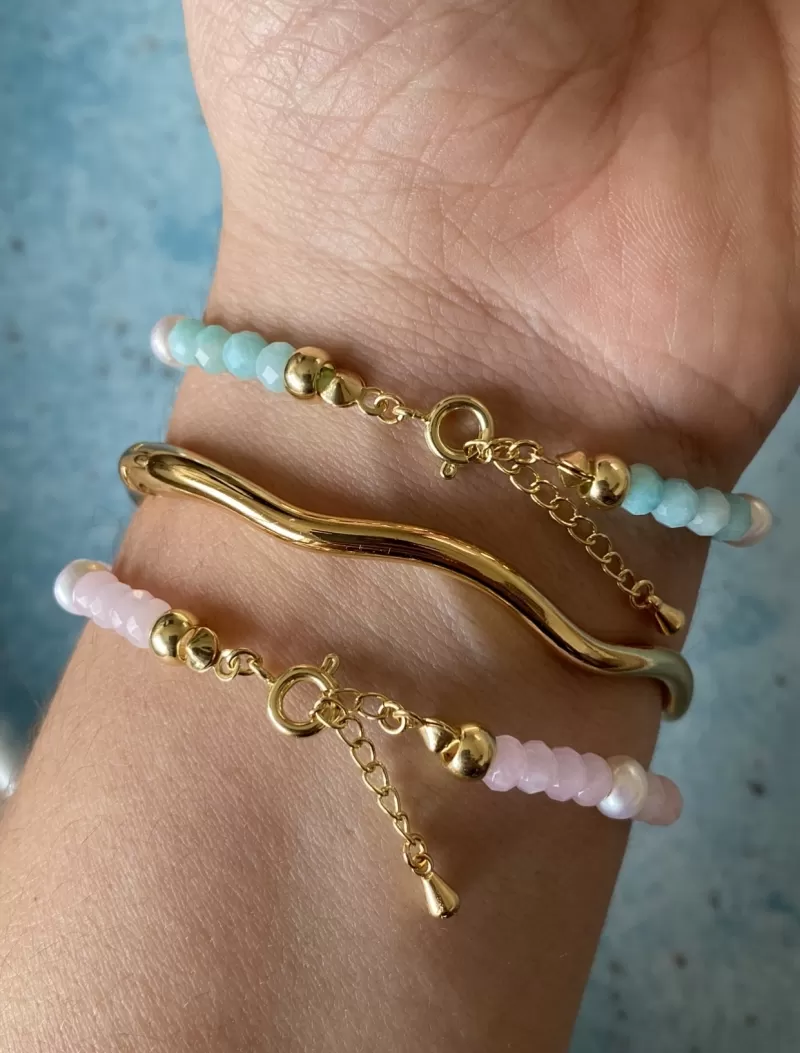 Mikabe - Pulseira Jade Rosa e Pérolas - MK1377