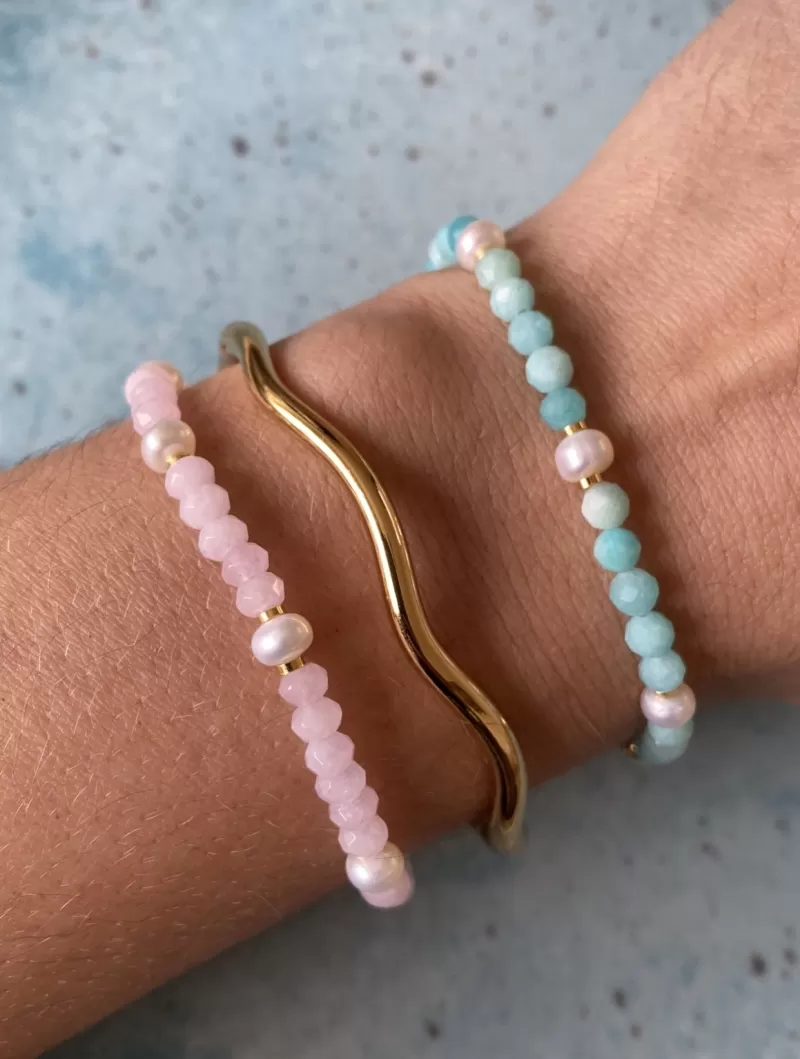 Mikabe - Pulseira Jade Rosa e Pérolas - MK1377