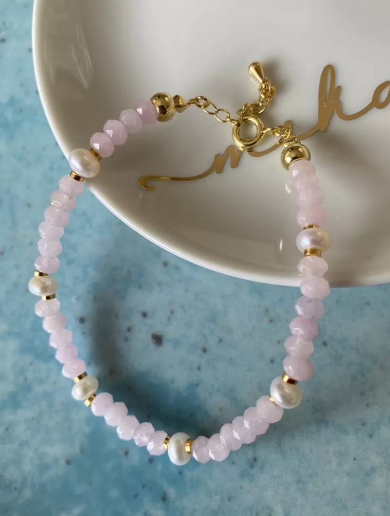 Mikabe - Pulseira Jade Rosa e Pérolas - MK1377
