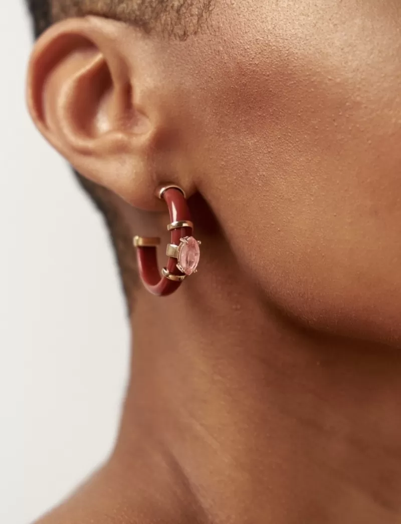 Mikabe - Brinco Argola Resina Vermelho e Cristal Rosa - MK1404