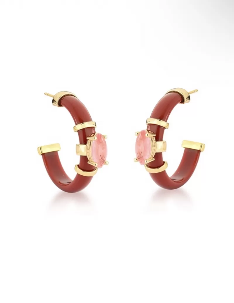 Mikabe - Brinco Argola Resina Vermelho e Cristal Rosa - MK1404